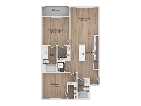 A floor plan of a home with a balcony, two bedrooms, a bathroom, a kitchen, and a living/dining area.